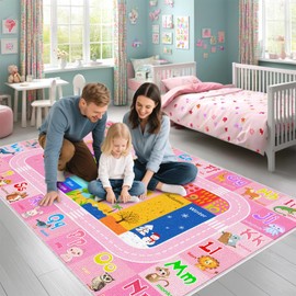 BATATADOCE Alphabet Rugs for Kids Playroom - Cartoon Kids Bedroom Rug Play Mat for Learning Alphabet,Numbers,Animal,Colors,Season,Cute Classroom Rug for Children Girls Bedroom Decor,Pink,4x6 Feet