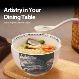 Hagary Ceramic Spoon Soup Spoons Asian Soup Spoon Chinese Korean Japanese Ramen Spoons Set of 4 with Hole 6.2 Inch (Blue - Wave)