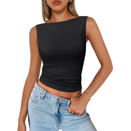 Trendy Queen Womens Going Out Casual Tank Tops Cute Y2K Spring Summer Basic Fitted Boat Neck Crop Petite Tops Sleeveless Tee Shirt 2024 Fashion Outfits Clothes Black