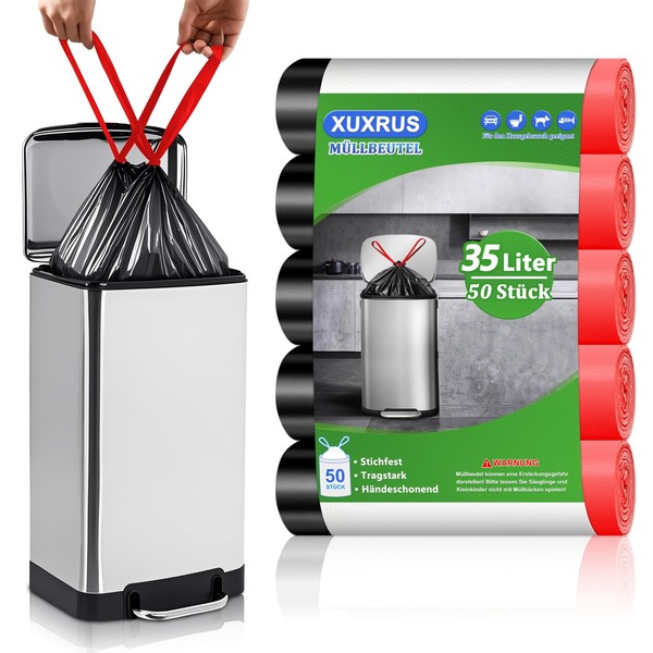 XUXRUS Schwarz Müllbeutel 35L mit Zugband Mülltüten mit Tragegriff Groß