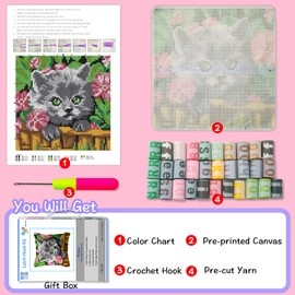 LAPATAIN Latch Hook Kits for DIY Throw Pillow Cover,Flower Cat Needlework Cushion Cover Hand Craft Crochet 17X17inch