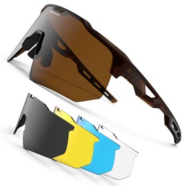 [HAAYOT] Polarized Cycling Glasses Men Women Road Bike Sports Sunglasses 5 Lenses TR90 Frame Mountain Bike Glasses MTB Goggles Running Fishing Hiking, Matte brown × brown