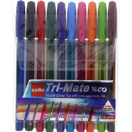 Cello Original Tri-Mate Triangular Barrel Ballpoint Pen Medium Point Biro (1.0mm) (Assorted, Pack of 10)