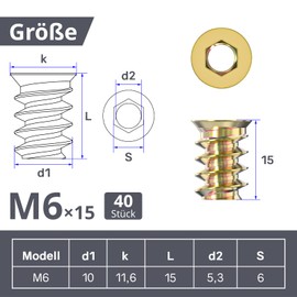 ORTAVA Screw Nut M6 x 15 mm, Pack of 40 Threaded Insert Wood M6, Threaded Insert Nuts, Galvanised Hexagonal Threaded Wood Inserts for Wooden Furniture Range