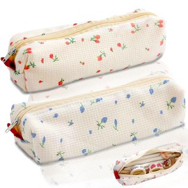 FOSDICK Pack of 2 Pencil Case, Teenager, Pencil Case with Zips, Small Flower Pencil Case, Aesthetic Pencil Case, Portable School Pencil, Ideal for School, University and Office, Blue, pink, Universal