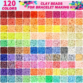 AMAZING TIME Clay Beads Bracelet Making Kit - 120Color Polymer Clay Beads, Letter Beads, Pendant and Elastic Cords for DIY Jewelry Making Bracelets Necklace Earring Making Supplies