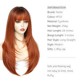 Yamel Hair Wigs with Fringe Ombre Auburn 24 Inch Adjustable Cosplay or Daily Natural Straight Long Wigs for Women Lady