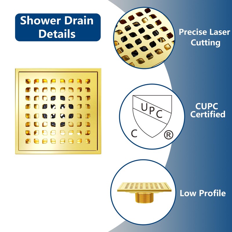 Neodrain Square Shower Drain, 6 in Golden 304 Stainless Steel