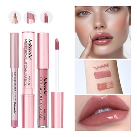 3PCS Lip Liner and Lipstick Combo Set - Matte Lip Liner Pencil, Velvet Matte Lipstick & Hydrating Collagen Lip Gloss - Long-Lasting, Smudge-Proof, High Pigment Nude Brown Lip Makeup Kit (Set 1, 3)