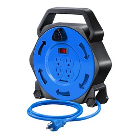 DEWENWILS Extension Cord Reel with 25 FT Power Cord, Hand Wind Retractable, 16/3 AWG SJTW, 4 Grounded Outlets, 13 Amp Circuit Breaker, Blue, Blue Cord, UL Listed