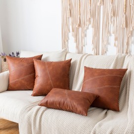 GEGELICA Set of 2 Brown Boho Faux Leather Decorative Throw Pillow Covers, 26X26 Inch Modern Farmhouse Rustic Splicing Textured Square Pillow Cover, for Outdoor Room Couch Living Bedroom Home Decor