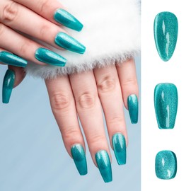 Sun&Beam Nails Handmade Press-on Medium Long Almond Nile Blue Cat Eye Design Charming False Nail Tips 10 Pcs (#119 XS)