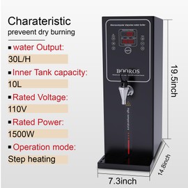 BOOROS Hot Water Dispenser Black 10L Commercial Water Boiler Commercial Hot Water Machine,30L(7.9GAL)/Hour Step-by-step Heating Temperature Control 86-212°F for Restaurant,Hotel,Office 1500W