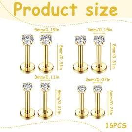 CPJJ 4 Pairs 14K Gold CZ Top Flat Back Piercing Nose Studs Lip Studs Earring Nose Piercings Flat Back Studs Earrings for Tragus Cartilage Piercing 2/3/4/5mm CZ Stones Diameter