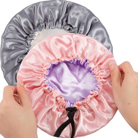 Erinnmy 2PCS Kids Satin Bonnet,Silk Bonnet for Sleeping,Adjustable Hair Bonnet for Toddler Child 2-4 Year Old,Satin Sleep Cap for Curly Hair,Reversible Double Layer Children Night Cap(Pink+Gray 9.4in)