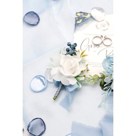 Ansofi Dusty Blue Wrist Corsage and Boutonniere Set for Wedding, Artificial Rose Flower Corsage Wristlet and Boutonniere Set for Wedding Prom Anniversary Homecoming Formal Dinner Party