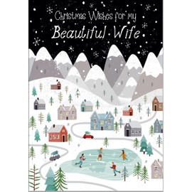 doodlecards Wife Christmas Card Mountain Scene In Snowy Village Large A4 Size Christmas Card for Wife with Plain Envelope