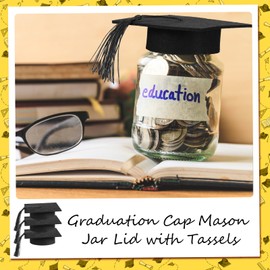 Mindsoft Graduation Cap Decorations Mason Jar Lid with Tassels 4.2 Inch Grad Hat Large Mason Can Toppers for Graduation Party table (Black Tassels,24 Pcs)