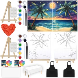 VALLSIP 2Pack Paint and Sip Canvas Painting Kit Pre Drawn Canvas for Painting for Adults Stretched Canvas Couples Games Date Night Anniversary Paint Party Supplies Favor Moonlit Night Easel