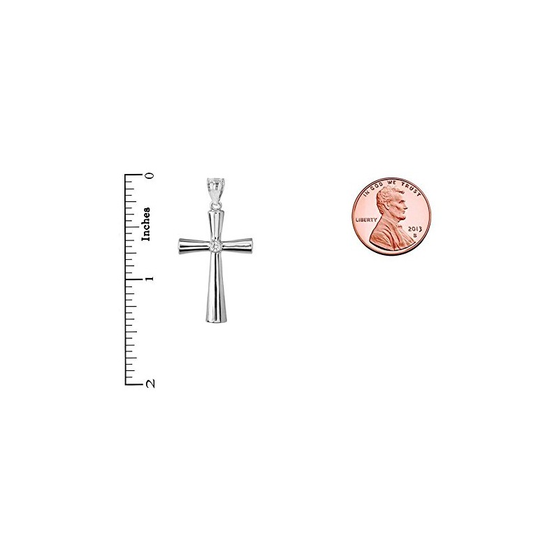 Solid Sterling Silver Simple CZ Religious Cross Pendant Necklace, 16"