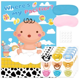 QISOLIY Pin The Pacifier on The Baby Game with 36 Pcs Pacifier Stickers, Cartoon Toy Baby Shower Games Party Game Poster for Boys Kids Baby Shower Party Birthday Party Supplies