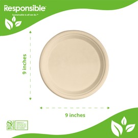 Responsible Products 9 inch Round Plates, Tree-Less™ Compostable Molded Fiber Round Plates, Extra Strength, Tree-Free and Made Without PFAS, Natural Brown (500 Count)