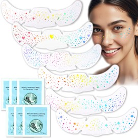 6PCS Glitter Freckles Face Tattoo, Multichrome Holographic Sparkle Glitter,Waterproof Metallic Cute Star Festival Accessories Temporary Tattoo Stickers for Makeup Rave-Includes 6 Cleaning Cotton Pads