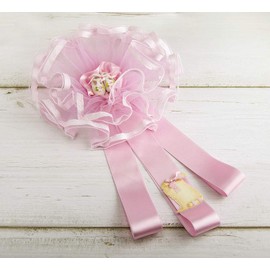 Birth Tulle Bow Decorated with Polka Dot Ribbon, Satin Ribbons, Appliqué of Resin and Cardboard Parchment for Writing Name and Date Pink Shoes
