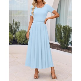 ZESICA Women's Summer Short Sleeve Maxi Dress 2025 Casual Crewneck Pleated A Line Flowy Long Dresses with Pockets, LightBlue, Medium