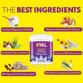 VAL Pure Zechstein Magnesium Cream with MSM and Organic Oils | Effortless Glide, Non-Greasy | | Magnesium Chloride Supplement Sourced from Zechstein Seabed | Whole Body Massage Cream | 8oz