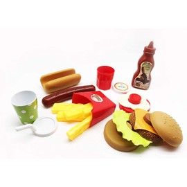 GiftExpress Burger & Hot Dog Fast Food Cooking Play Set for Kids with Hamburger, Fries, Hot Dog, Coke, Ketchup, Milk, Sauce and Tray