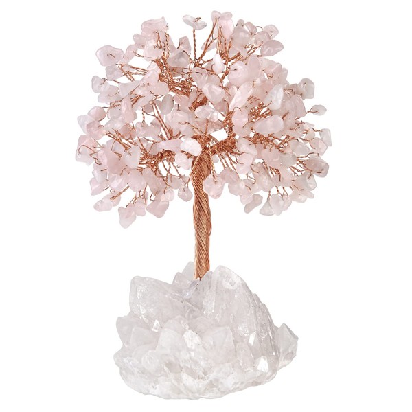 Nupuyai Rose Quartz Crystal Money Tree with Rock Crystal Cluster Base, Good Luck Fengshui Figure Spiritual Healing Stone Tree Ornament for Home Office Decor