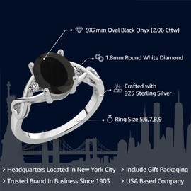 Gem Stone King 2.06 Cttw Black Onyx and White Diamond 3-Stone Ring For Women | 925 Sterling Silver | Center Oval: 9X7MM | Gemstone Birthstone | Available In Size 5, 6, 7, 8, 9