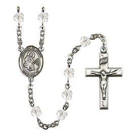 Our Lady of Mercy Silver-Plated Rosary 6mm April Crystal Fire Polished Beads Crucifix Size 1 3/8 x 3/4 medal charm