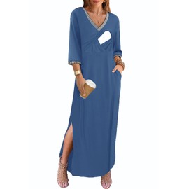 CzzzyL Maternity Nursing Dress Womens A Line Postpartum Striped Color Block V Neck Breastfeeding 3/4 Sleeve Mama with Pockets Blue,X-Large