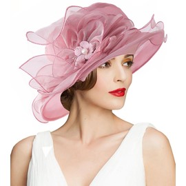 TLMNU Organza Fascinator Hat - Women¡¯s Wide Brim Church Bridal Tea Party Wedding Hat 06Pink-Purple