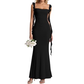 KUTUMAI Elegant Long Formal Wedding Guest Dresses for Women Ruffle Bodycon Cocktail Party Maxi Dress Black XS