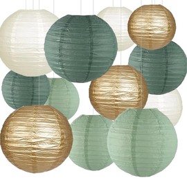 SIPRKAICT Bridal Shower Decorations,12pcs Sage Green Gold Paper Lanterns for Woodland Shower Wedding Boho Birthday Party Decoration(Gold,Ivory,Sage Green)