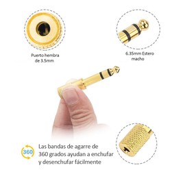 CHEELOM 6.35 mm (1/10.2 cm) Macho a 3.5 mm (1/20.3 cm) Hembra Adaptador de Audio estéreo Chapado en Oro, Paquete de 2