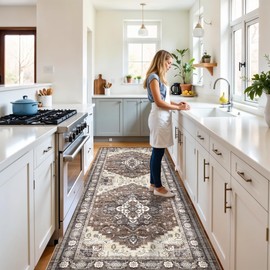 4x10 Wide Hallway Runner Rug: Vintage Washable Soft Rugs for Living Room Bedroom Water Resistant Carpet with Non-Slip Backing for Entry Kitchen Dining Room Thin Nursery Bathroom Floor Mat(Brown,4x10)