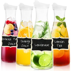 Jucoan 4 Pack 50 oz Plastic Juice Carafe with Lids for Mimosa Bar, Brunch, Clear Water Carafes with Flip Top Lid, Narrow Neck for Iced Tea, Beverage, Milk, Cold Brew, Lemonade, Mimosa Bar Supplies