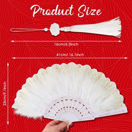2 Pieces Feather Hand Fan Embroidered Flower Marabou 1920s Feather Fan Hand Folding Drag Queen for 20s Women Costume Party Dancing Photoshoot Wedding Decor(White with Gold)