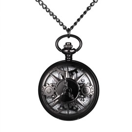 JewelryWe Men's Pocket Watch with Chain: Vintage Hollow Gear Analogue Quartz Chain Watch Black Steampunk Watch Pendant Necklace Gift for Men Women, vintage steampunk
