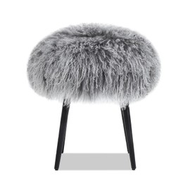 Jennifer Taylor Home Alberta 16" Mongolian Sheepskin Round Ottoman, Dimensional Gray Genuine Fur