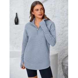 PRETTYGARDEN Womens Long Sleeve Quarter Zip Pullover Sweater Casual Loose V Neck Collared Ribbed Knit Jumper Tops Thumb Hole(Grey,Small)