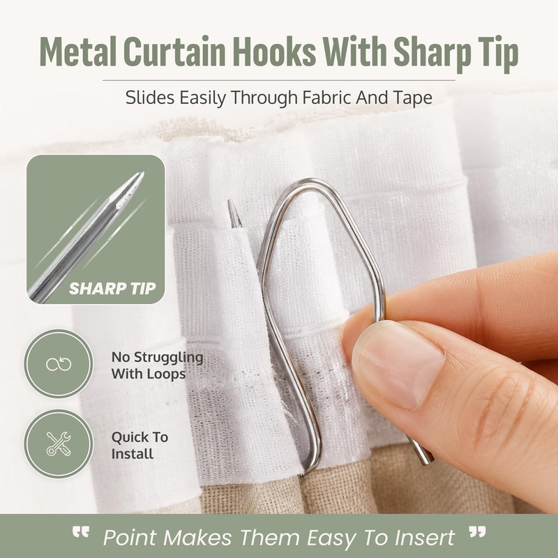 Curtain Hooks - Heavy Duty Metal Pin Hooks, 50 Pack