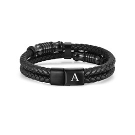 TOLOWOBK Mens Leather Initial Bracelet Gifts for Him Dad Son Grandson Husband Brother Black Leather Bracelets for Men A-Z Letters Bracelets with Magnetic Clasp Fathers Day Graduation Birthday Gifts