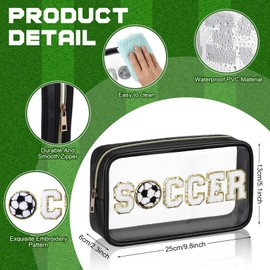 Reallnaive 6 Pcs Soccer Clear Makeup Bag with Chenille Letter Patch Sport Goodie Clear PVC Pouch Organizer Waterproof Travel Toiletry Bags for Sports Theme Birthday Party Supplies