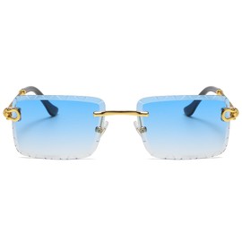 LIGOES Rimless Rectangle Sunglasses UV400 Metal Leg Sunglasses Frameless Sea Green Blue Glasses Shadow, Gold With Blue