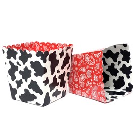 Cow and Bandana Party Favor Snack Boxes for Kids Birthday Parties, Baby Showers, Farm themed Bridal Showers/Weddings, and School Events. Set of 12 Reversible Cow to Red Bandana Scalloped Popcorn Boxes